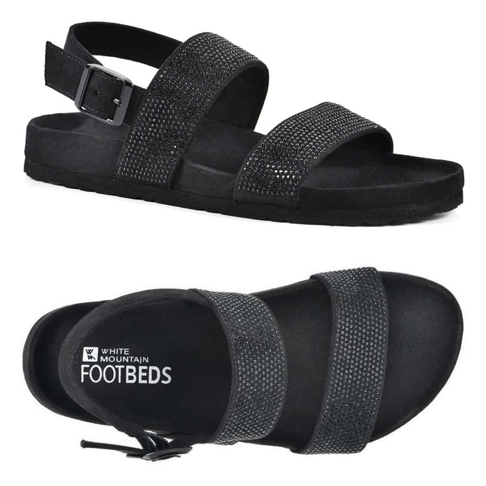 White Mountain Women's Hesitant Footbed Sandals Black Rhinestone Size 9
